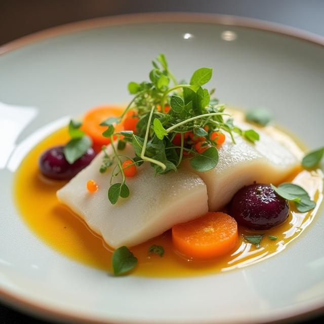 Ein kunstvoll angerichteter Teller mit Fisch und farbenfrohen Gemüseelementen.