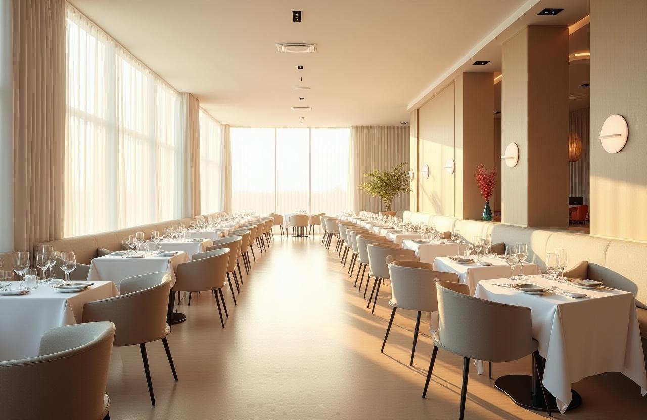 Der leere Speisesaal mit elegant gedeckten Tischen im Morgenlicht.