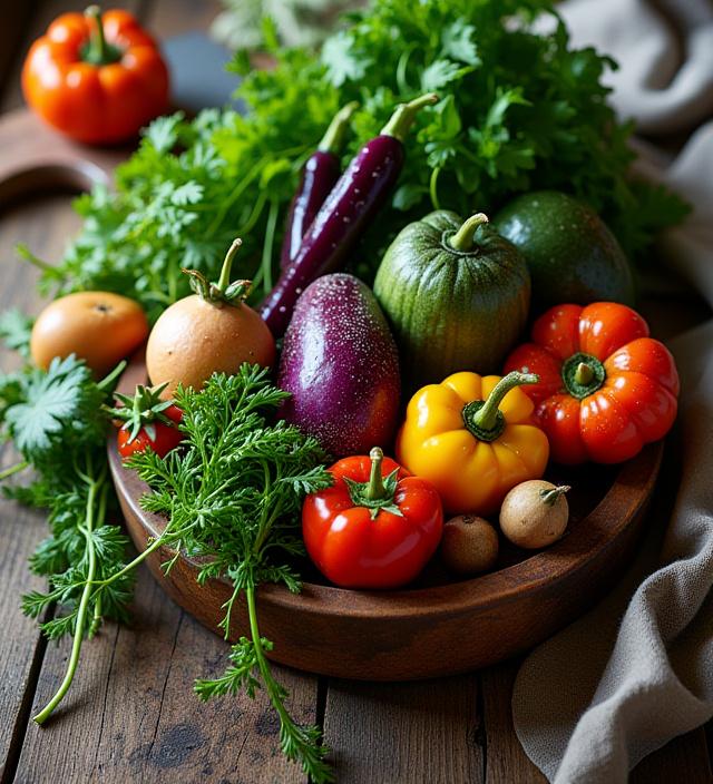 Eine Komposition aus frischem, saisonalem Gemüse und Kräutern auf einem Holztisch.
